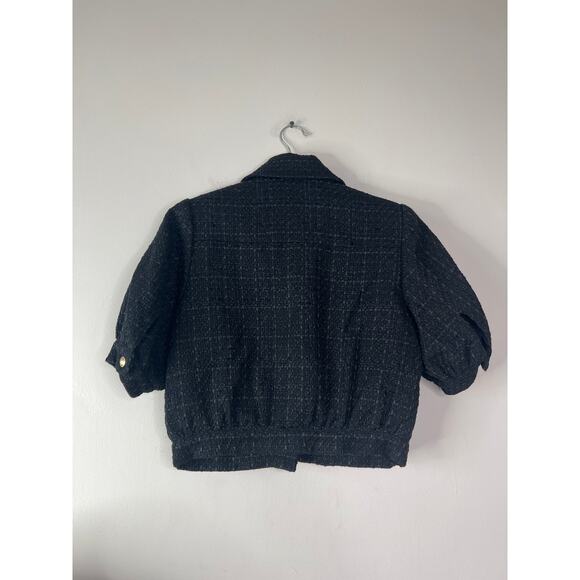 NEW L'agence Cove Cropped Cotton Tweed Checked Puffed Sleeve Jacket Black Size 0 - Picture 6 of 7